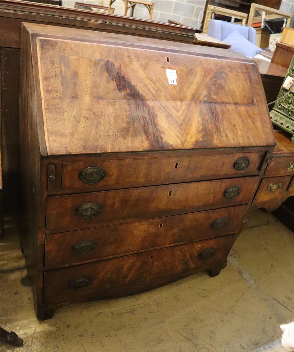 A late George III mahogany bureau, width 91cm, depth 46cm, height 102cm